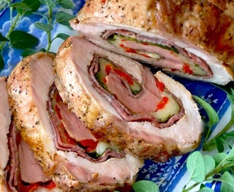 Salami-Provolone-Stuffed Pork Loin Recipe With Roasted Red Pepper and Spinach