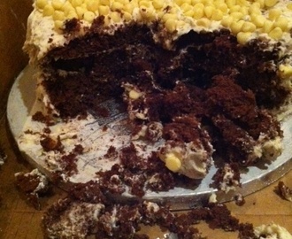 Devils food cake with marshmellow frosting.