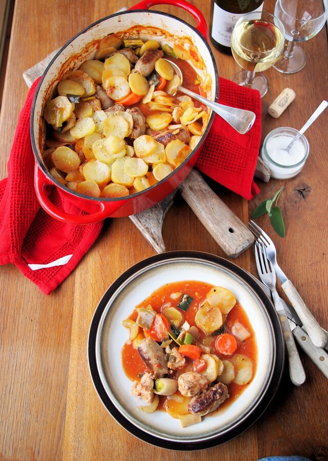 Five-A-Day Family Supper Recipe: “Sunday Lunch” Chicken, Sausage and Vegetable Hotpot