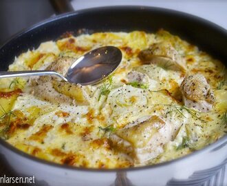 FlÃ¸tegratinerte poteter med fennikel og kyllingbiter
