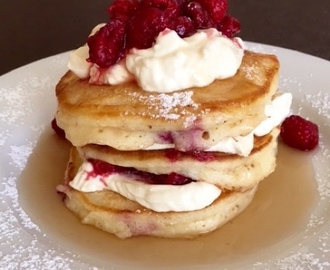 Raspberry Pancakes with Maple Cream Cheese Frosting