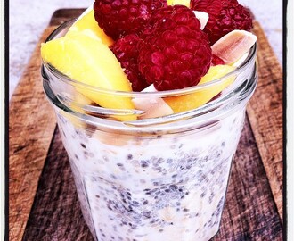 Overnight Oats with Chia, Almond Milk, Raspberries, Mango and Coconut Chips