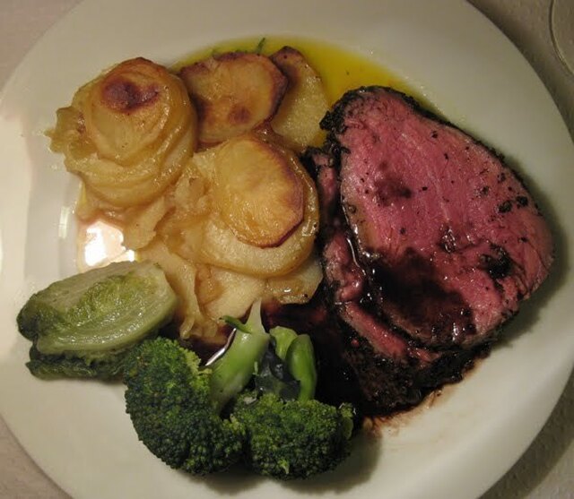 B is for... Black pepper encrusted fillet of beef with boulangere potatoes, braised baby gems and broccoli served with bearnaise sauce and/ or a brouille and balsamic reduction
