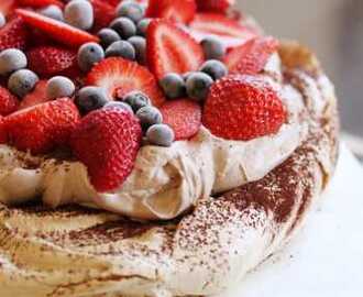 Chocolate Dusted Pavlova with Chocolate Cream and Berries
