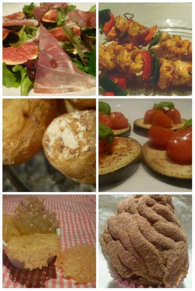 Treretters meny med fiken og prosciuttosalat, kyllingspyd med saltbakte poteter, aubergine med tomater og "Softis cupcakes".