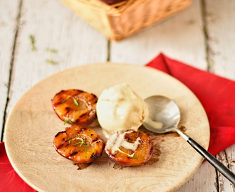 griddled plums with thyme, orange and vanilla ice cream
