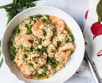 Spring Risotto with Shrimp, Chevre, and English Peas