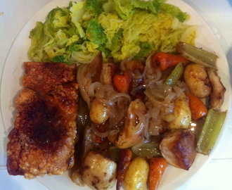 RECIPE: Pork belly with roasted veg and onion gravy