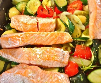 Tray Baked Salmon on Mediterranean Vegetables