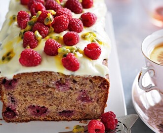 Banana & raspberry cake with passionfruit icing