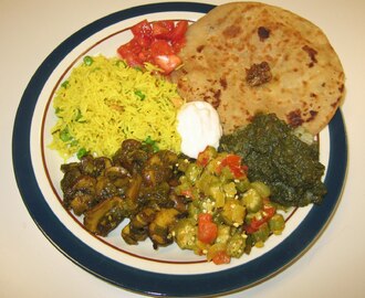 Cooking Class: Indian (Green Pea Pilaf, Curried Mushrooms, Bhindi [okra], Palak Tamatar, Tomato Salad [and mango shake, chai, and chocolate pie]