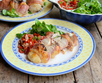 Bacon Wrapped Chicken with Goat’s Cheese and Basil served with Mixed Pepper Tomato Salsa