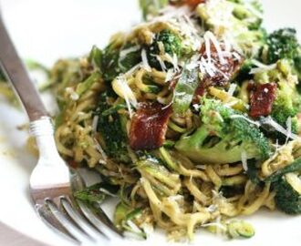 Pesto Zucchini Noodles with Broccoli and Bacon