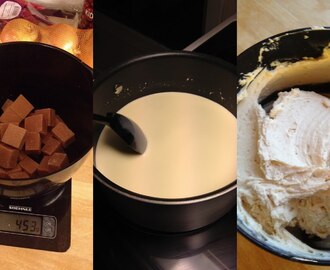 Karamellcupcakes med karamellsaus og sjokoladesaus.