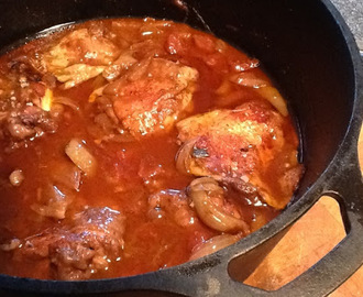 Slow-cooked Chicken thighs in red wine; soup from the leftovers!