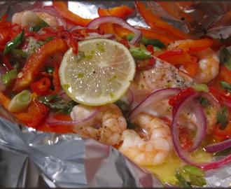Foil Baked Salmon and King Prawns with Chilli and Lime Butter