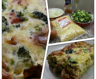 Hartige taart van croissant-deeg met broccoli, spek en ui