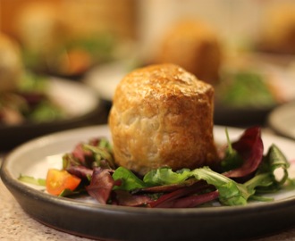 Black Pudding & Goats Cheese Parcels with a Red Onion Marmalade & a Mixed Leaf Salad