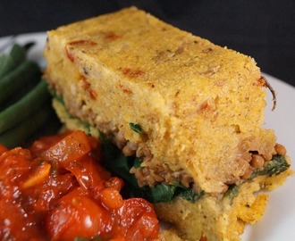 Mushroom, Spinach & Lentil Polenta Loaf served with a Tangy Tomato and Basil Sauce