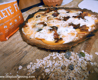 Muesli Pizza with Caramelized Onion, Peach, Brie, and Bacon