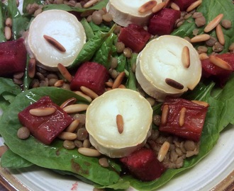 Salat med spinat, linser, gedeost og smørstegte rabarber