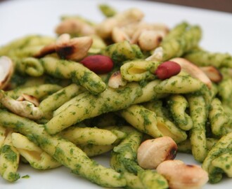 Coriander, ginger and basil pesto pasta with toasted cashews and peanuts