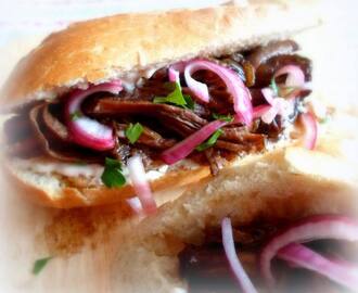 Slow Braised Brisket Sarnies, with quick pickled onions