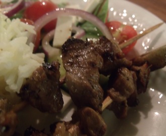 A little ditty about food and falling in love, Greek style! Lamb Souvlaki with Red Pepper Sauce