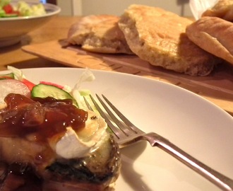 Simple Supper - Portobello mushrooms with roasted garlic, grilled goats cheese and caramelised onion chutney