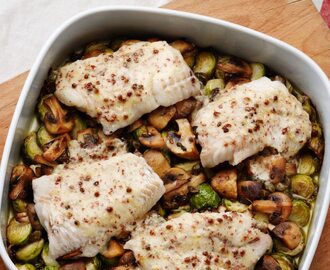 Butter-baked fish with Brussels sprouts and mushrooms