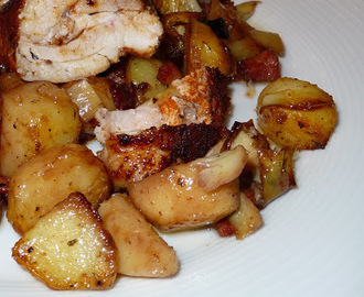 Roasted chicken with pancetta, artichokes and red wine