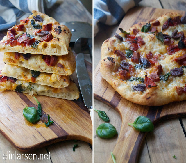 Eltefri pizza med stekt chorizo, oliven og hvitløk confit