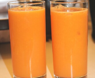 Friskpresset juice på mango, appelsin og gulerod