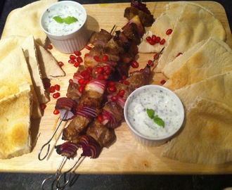 Minted lamb kebabs with a Greek style salad