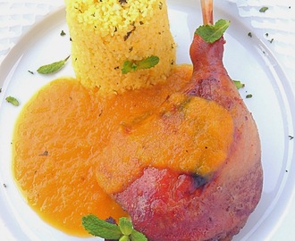 Confit d'ànec amb salsa de taronja i cuscús a l'aroma de taronja i menta  - Confit de pato con salsa de naranja y cuscús al aroma de naranja y menta