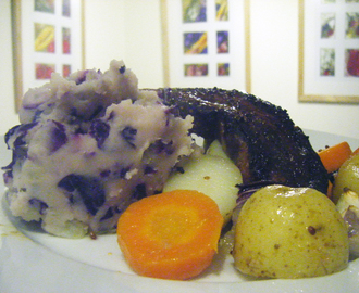 Honey Mustard Pork Belly with Roasted Veg and Red Cabbage Mash