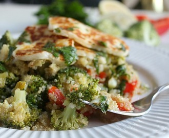 Warm quinoa salad with grilled halloumi and parsley dressing
