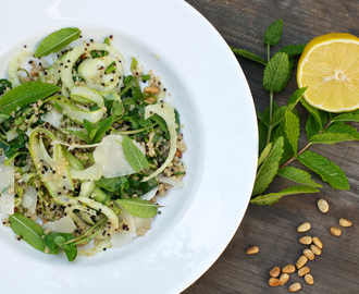 Pearl and black Express Quinoa salad with asparagus, fennel and watercress