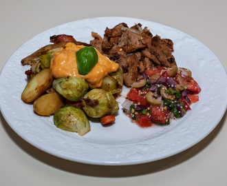 Brussels Sprouts and Russian Fingerlings with Vegan Cheese Sauce, Jerk Seitan marinated with Pixie Tangerine Juice, Cubed Salad (Almost No Added Fat)