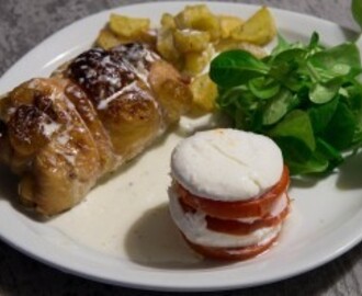 Cuisse de poulet farcie au parmesan, aubergines, tomates séchées et basilic et son mille-feuilles tomates-mozzarella