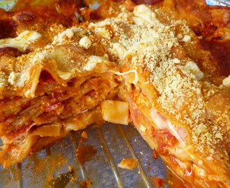 Lasagna de jamón y queso con salami