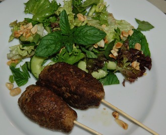 Kjøttboller (kebab) på spyd med asiatiskinspirert salat