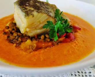 Bacalhau confitado com lentilhas, chouriço e "sumo" de piperade |  Olive oil-poached cod with lentils, chorizo and piperade "jus"