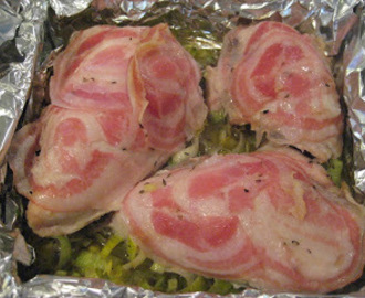 Roasted Chicken Breast Wrapped in Pancetta with Leeks and Thyme