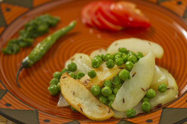 Zeera Aloo Matar : Cumin tempered pan fried potatoes and peas