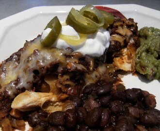 Chicken Enchiladas with Red Sauce, Black Beans and Guacamole