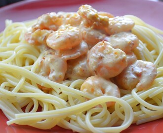 Spaghettis aux crevettes a l'ail - Garlic prawn spaghettis