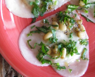 For Your Valentine:  Heart-Shaped Goat Cheese Ravioli with Lemon-Arugula Sauce