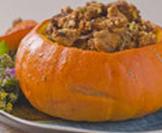 Neo-Classical Thanksgiving Dressing with Apricots and Prunes, Stuffed in a Whole Pumpkin
