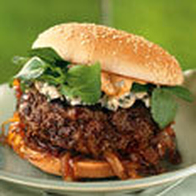 Andouille and Beef Burgers with Spicy Mayo and Caramelized Onions